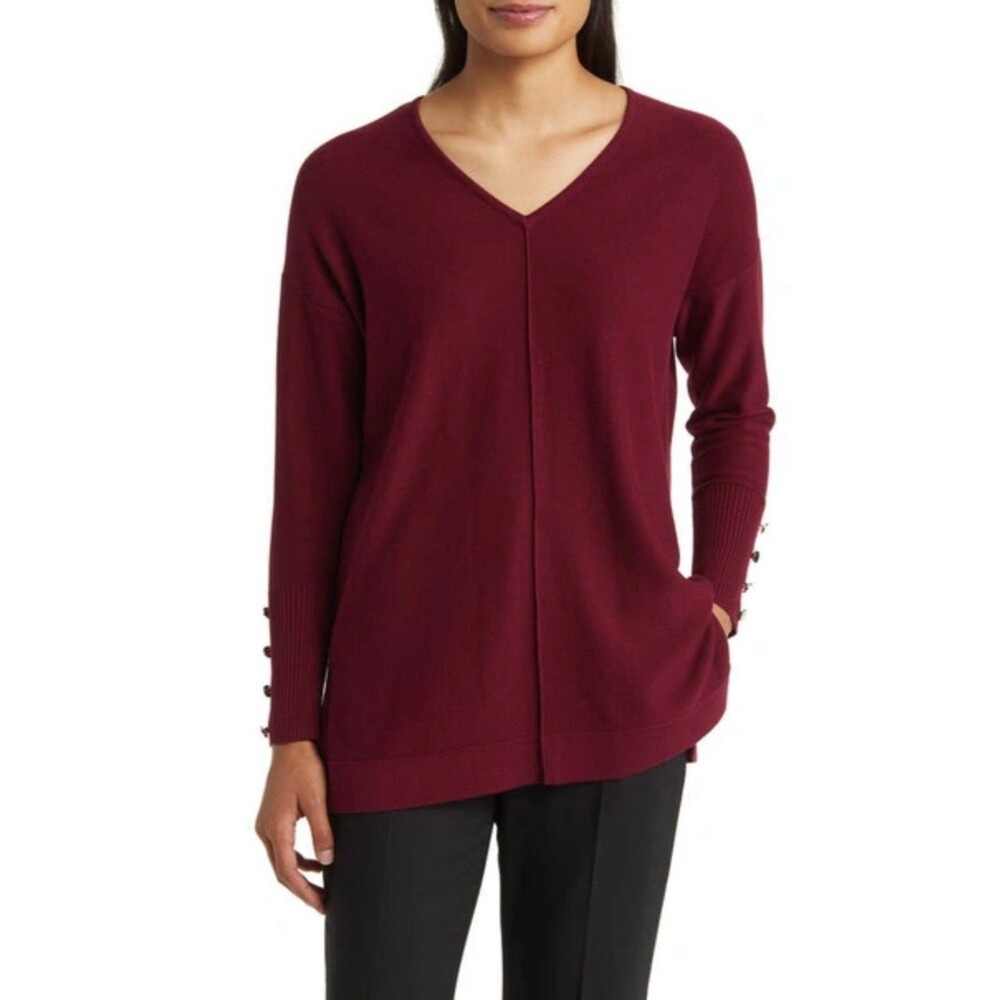 NWT Anne Klein Women M Medium V Neck Sweater with Button Red Long Sleeve